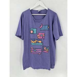 Vintage Jag T Shirt Womens Large/XL Purple Beach Stars Florals Short Sleeves
